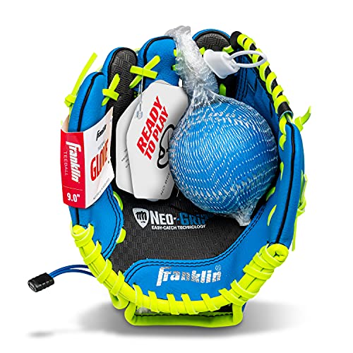 Franklin Sports Teeball/Baseball Glove - Left and Right Handed Youth Fielding Glove - Neo-Grip - Synthetic Leather - 9.0 Inch Left Hand Throw - Ready To Play Glove - Blue