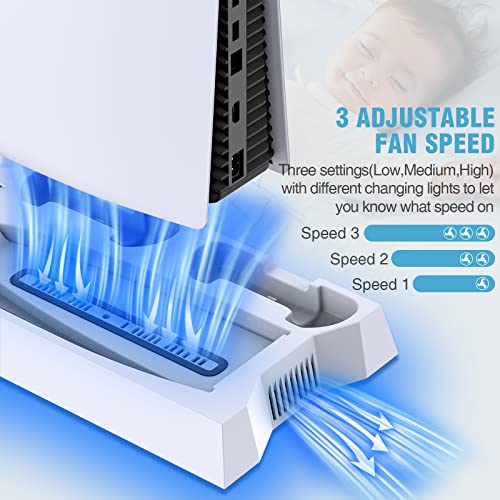 PS5 Stand and Cooling Station with Dual Controller Charging Station for Playstation 5 Console, PS5 Accessories Incl. Cooling fan, Headset holder, 3 USB Hub, Media Slot, Screw White