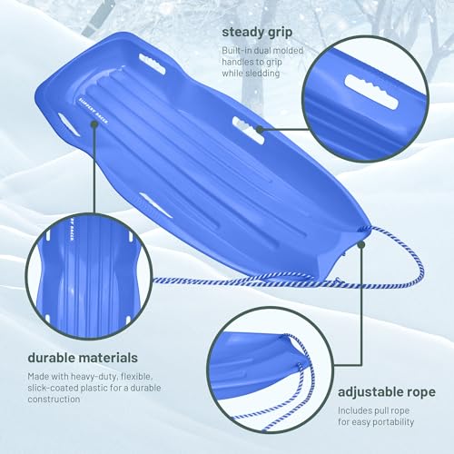 Slippery Racer Downhill Xtreme Flexible Adults and Kids Plastic Toboggan Snow Sled for Up to 2 Riders with Pull Rope and Handles, Blue