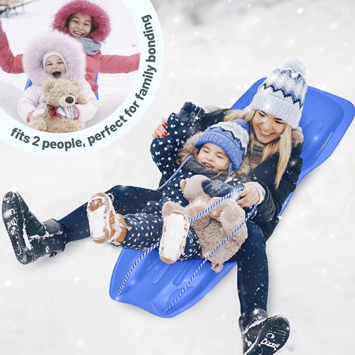 Slippery Racer Downhill Xtreme Flexible Adults and Kids Plastic Toboggan Snow Sled for Up to 2 Riders with Pull Rope and Handles, Blue