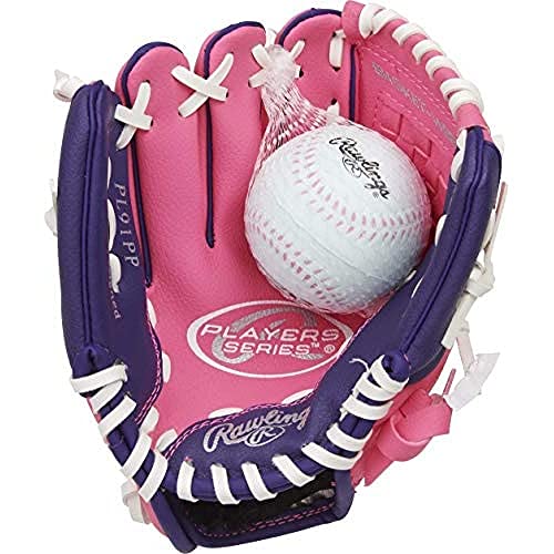 Rawlings | PLAYERS Series T-Ball & Youth Baseball Glove | Left Hand Throw | 9" | Pink/Purple with Ball