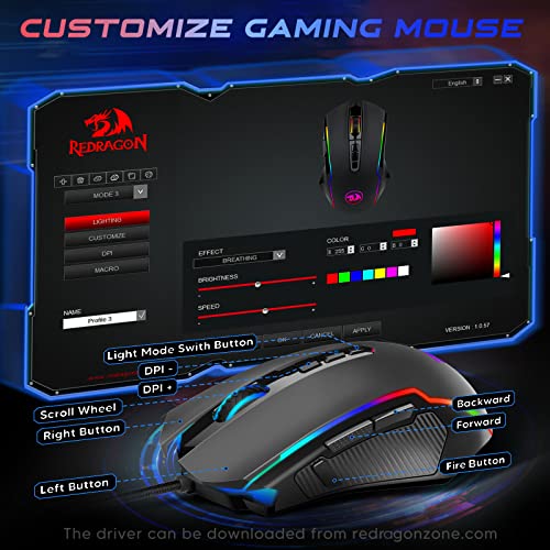 Redragon Gaming Mouse, Wired Gaming Mouse with RGB Backlit, 8000 DPI Adjustable, Mouse with 9 Programmable Macro Buttons & Fire Button, Software Supports DIY Keybinds, M910-K
