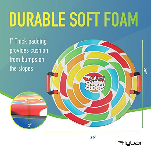 Flybar Snow Sled for Kids - Foam Saucer Disc Sled, Ages 6+, Easy Grip Handles, Durable Slick Bottom & PE Core Build, Lightweight Sleds for Kids, Snow Toys for Kids, Up to 110 lbs, 26" - Rainbow Swirl