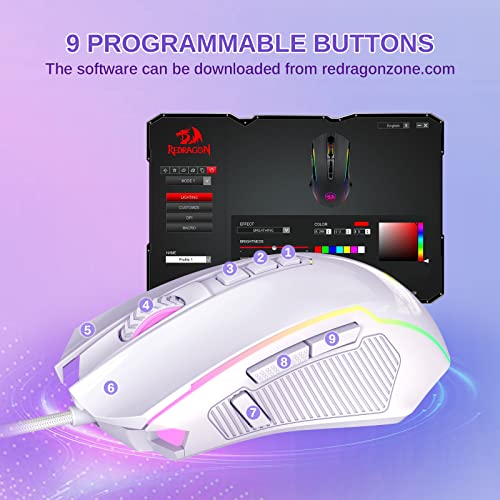Redragon Gaming Mouse, Wired Gaming Mouse with RGB Backlit, 8000 DPI Adjustable, PC Gaming Mice with 9 Programmable Macro Buttons & Fire Button, PC Gaming Mouse for Windows/Mac, White