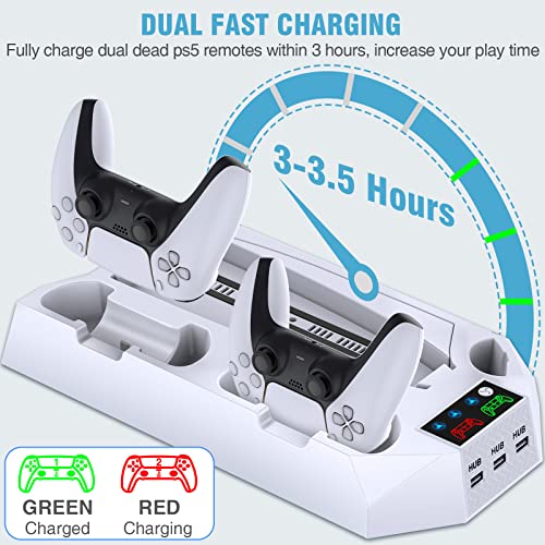PS5 Stand and Cooling Station with Dual Controller Charging Station for Playstation 5 Console, PS5 Accessories Incl. Cooling fan, Headset holder, 3 USB Hub, Media Slot, Screw White