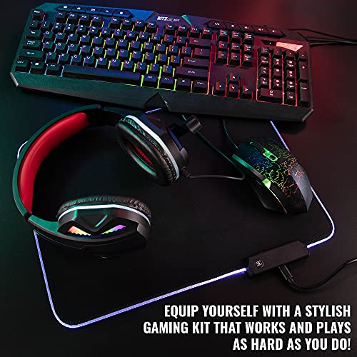 Ritz Gear RGB Gaming Accessories Kit | 4-in-1 Rainbow LED Backlight Bundle PC Combo with Multimedia Keyboard, Optical Mouse, Mouse Pad & Headset w/Adapter | for Windows 7+ Desktop, Laptop, Xbox & PS4