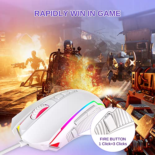 Redragon Gaming Mouse, Wired Gaming Mouse with RGB Backlit, 8000 DPI Adjustable, PC Gaming Mice with 9 Programmable Macro Buttons & Fire Button, PC Gaming Mouse for Windows/Mac, White