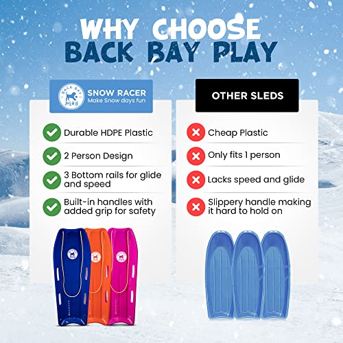 Back Bay Play 47 in 2 Pack Snow Sled Racer - High Density Plastic Sled 2 Person Toboggan with Pull Rope & 4 Handles Snow Sleds for Kids and Adult
