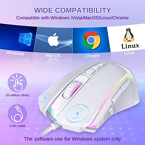 Redragon Gaming Mouse, Wired Gaming Mouse with RGB Backlit, 8000 DPI Adjustable, PC Gaming Mice with 9 Programmable Macro Buttons & Fire Button, PC Gaming Mouse for Windows/Mac, White