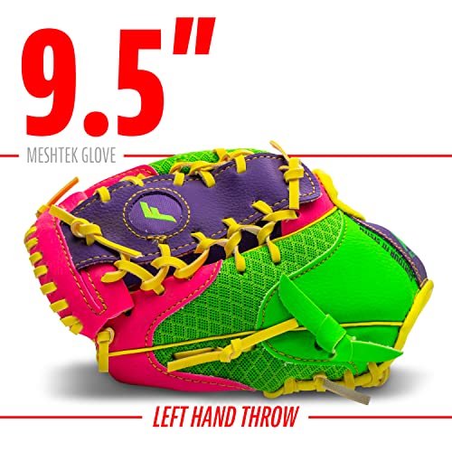 Franklin Sports Teeball Glove - Left and Right Handed Youth Fielding Glove - Meshtek Series - Synthetic Leather Baseball Glove - Ready To Play Glove - 9.5 Inch Left Hand Throw with Ball - Purple/Pink/Yellow