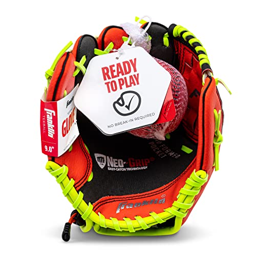 Franklin Sports Teeball Glove - Left and Right Handed Youth Fielding Glove - Neo-Grip - Synthetic Leather Baseball Glove - 9.0 Inch Left Hand Throw - Ready To Play Glove with Ball - Red