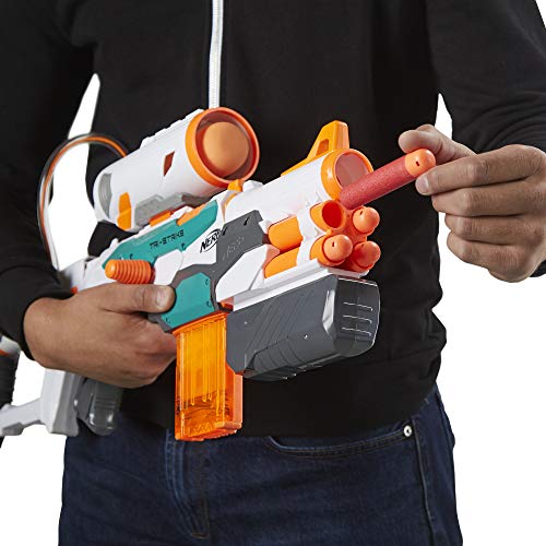 Nerf Modulus Tri-Strike Blaster, Mega Barrel, Rocket Launcher, Clip, 10 Nerf Elite Darts, 4 Nerf Mega Darts, 1 Rocket, Kids Outdoor Games (Amazon Exclusive)