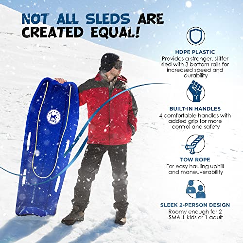 Back Bay Play 47 in 2 Pack Snow Sled Racer - High Density Plastic Sled 2 Person Toboggan with Pull Rope & 4 Handles Snow Sleds for Kids and Adult