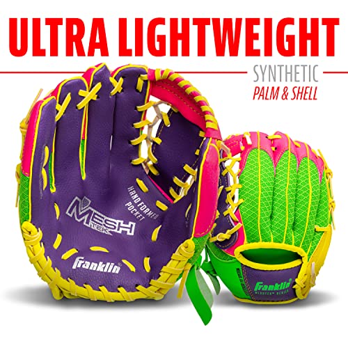 Franklin Sports Teeball Glove - Left and Right Handed Youth Fielding Glove - Meshtek Series - Synthetic Leather Baseball Glove - Ready To Play Glove - 9.5 Inch Left Hand Throw with Ball - Purple/Pink/Yellow