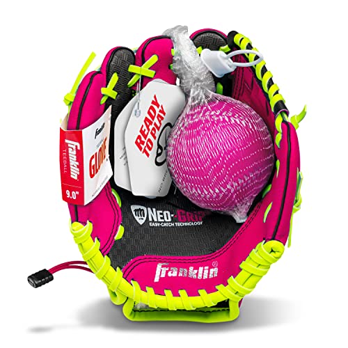 Franklin Sports Teeball Glove - Left and Right Handed Youth Fielding Glove - Neo-Grip - Synthetic Leather Baseball Glove - 9.0 Inch Left Hand Throw - Ready To Play Glove with Ball - Pink