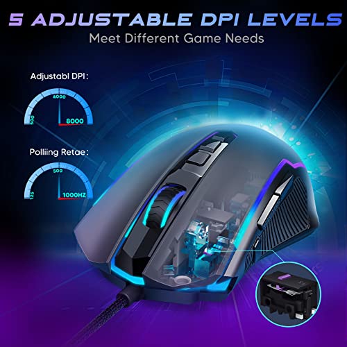 Redragon Gaming Mouse, Wired Gaming Mouse with RGB Backlit, 8000 DPI Adjustable, Mouse with 9 Programmable Macro Buttons & Fire Button, Software Supports DIY Keybinds, M910-K