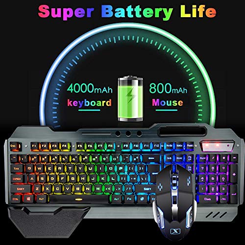 Wireless Gaming Keyboard Mouse Bluetooth Headset Kit with 16 RGB Backlit Rechargeable Battery Metal Mechanical Ergonomic Waterproof Dustproof Removable Palm Rest for Laptop PC Gamer(Rainbow RGB)