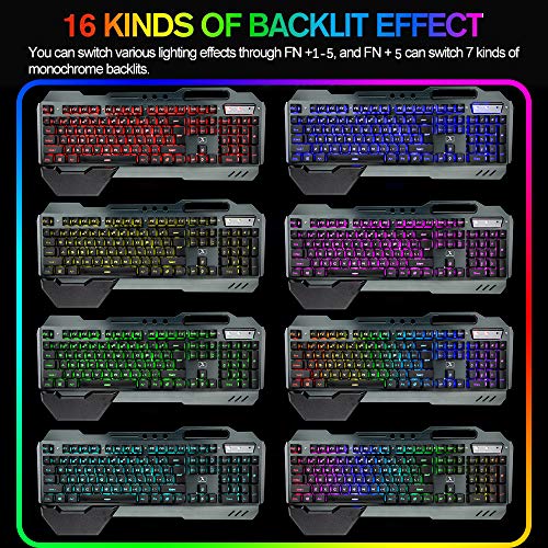 Wireless Gaming Keyboard Mouse Bluetooth Headset Kit with 16 RGB Backlit Rechargeable Battery Metal Mechanical Ergonomic Waterproof Dustproof Removable Palm Rest for Laptop PC Gamer(Rainbow RGB)